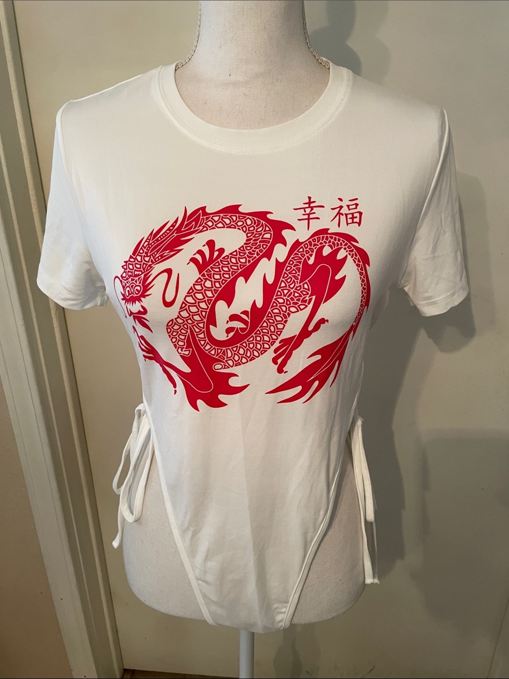 “Shein” White Bodysuit with Red Dragon Graphic!